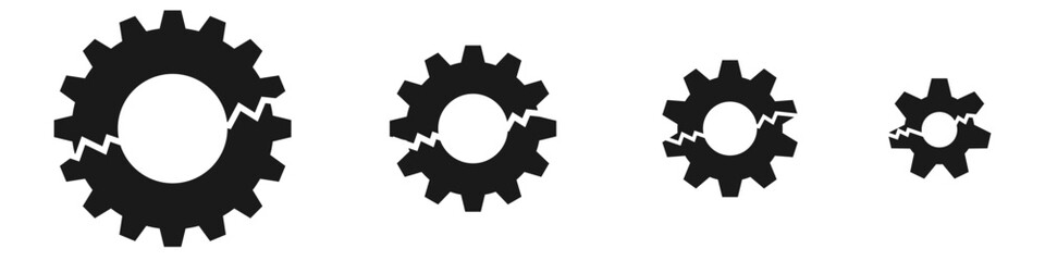 Broken gear cog icon vector, symbolizing malfunction, failure, or a system breakdown. Ideal for themes of troubleshooting, maintenance, or disruption in industrial or technical designs.