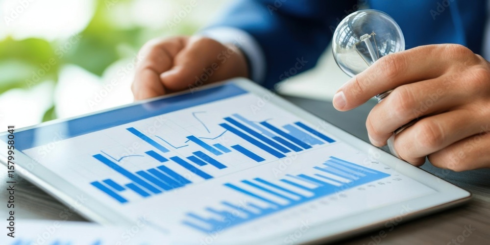 Poster analyzing data with lightbulb in hand for creative innovation and insights