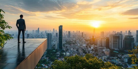 Fototapeta premium Man Looks Over City Skyline at Sunset, Observing the Beautiful Urban Landscape