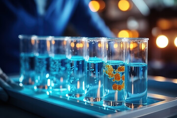 Analytical researcher with chemical test tubes for medical and scientific studies