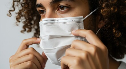 A closeup of a curly woman adjusting the nose bridge of a medicine mask clean white background, safety first theme, 