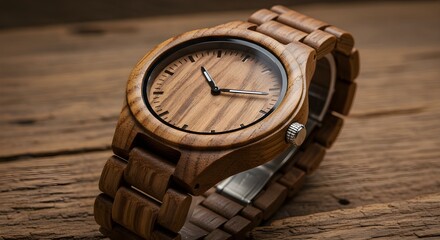 Wooden wristwatch on wooden background