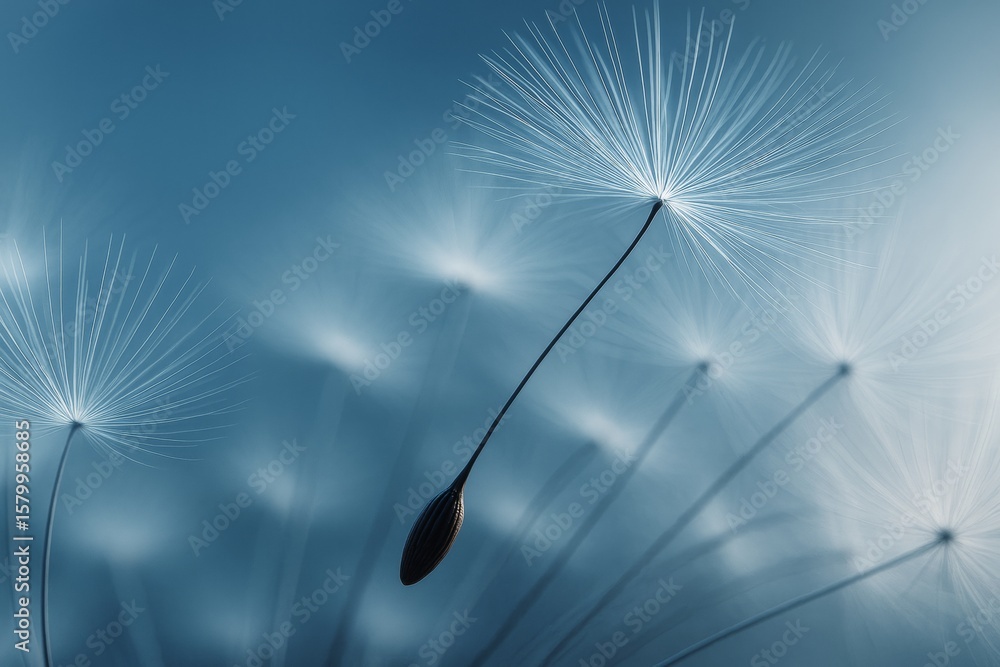 Poster dandelion seeds floating on soft blue background with delicate light effects highlighting fine detai