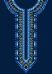 Intricate interlaced geometric embroidery for traditional Indian Kurta, with floral and heart-knot motifs in gold and blue on navy. Symmetrical pattern in Islamic style.
