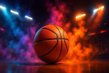 Obraz premium A vibrant basketball sits poised on a polished court amidst swirling colorful smoke effect design.