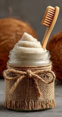 Coconut shell toothpaste in a clear glass mason jar adorned with burlap ribbon and twine a bamboo toothbrush rests beside it against a blurred background of coconuts
