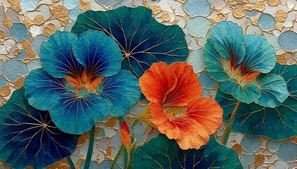 Closeup Vivid Teal and Orange Nasturtiums Gold Leaf Background Detailed Botanical Painting image
