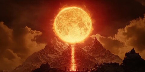 Witness the celestial alignment with mountain, sky and people silhouette theme