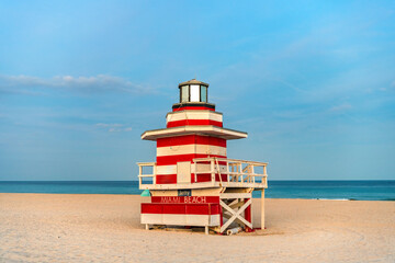 Miami Beach pier. Iconic lifeguard tower on Miami Beach. Scenic view of Miami Beach coastline....