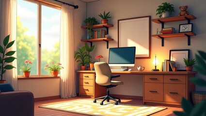 A home office space bathed in warm sunlight.