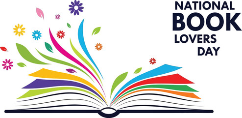 Vector art of a vibrant illustration celebrating national book lovers day with an open book and colorful flowers, isolated on white background