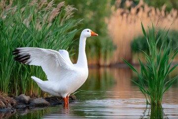 Fototapeta premium White goose flapping wings in the water of a pond
