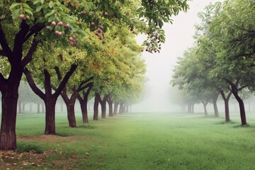 Naklejka premium Orchard with fruit trees growing in rows on foggy morning