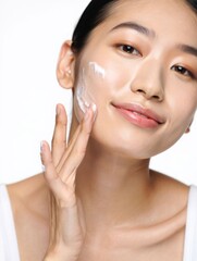 Young Woman Applying Skincare Product on Face