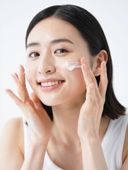 Woman Applying Skincare Product with Gentle Smile
