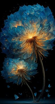 Fototapeta Two luminous blue dandelions with glowing golden centers illuminated against a black background small blue butterflies surrounding the base of the flowers intricate details in petals and stems
