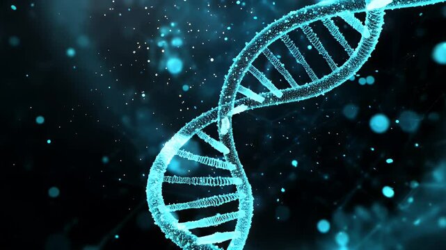 DNA double helix, glowing turquoise, dark background