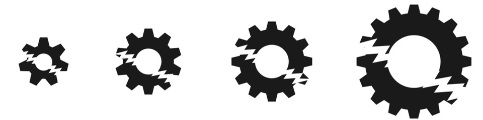 Broken gear cog icon vector, symbolizing malfunction, failure, or a system breakdown. Ideal for themes of troubleshooting, maintenance, or disruption in industrial or technical designs.