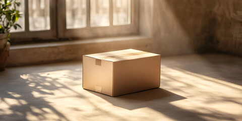 Cardboard Shipping Box in Sunlit Minimalist Room