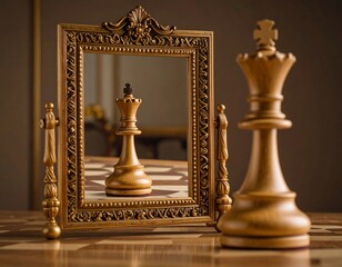 Chess queen reflected in ornate mirror