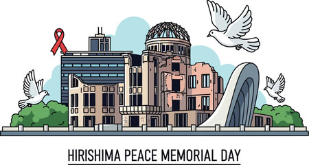 Vector art of a poignant illustration commemorates hiroshima peace memorial day, featuring the iconic building and doves on a white background