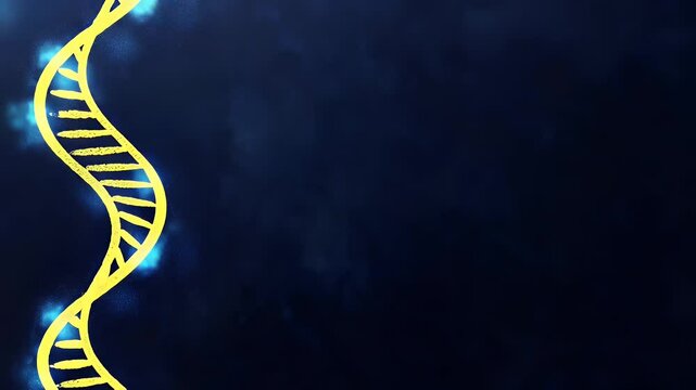 DNA double helix graphic in yellow on dark blue background