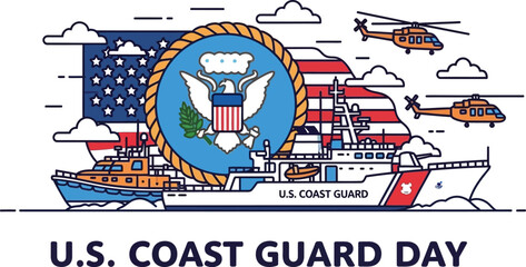 Vector art of an illustration of us coast guard day featuring ships, helicopters, and the american flag, isolated on white background