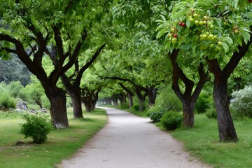Obraz premium Gravel path going through cherry trees alley in a park