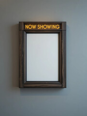 A blank movie theater marquee sign, "Now Showing," ready for your film title. Dark wood frame against a gray wall.