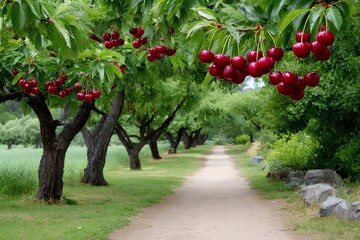 Ripe red cherries hanging from cherry trees lining a dirt path