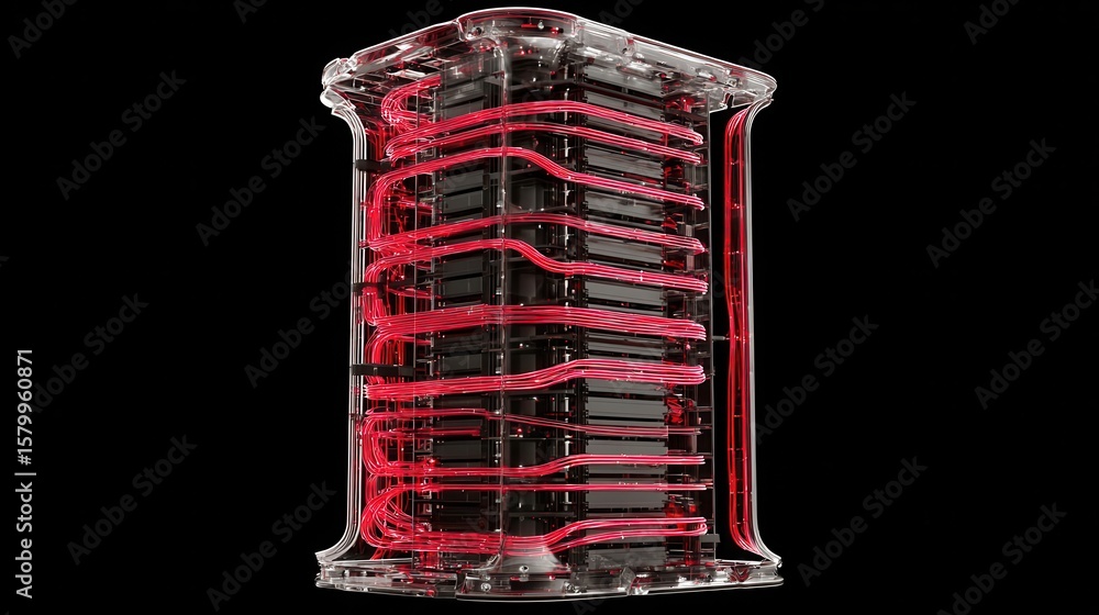 Poster transparent technological structure with glowing red conduits.