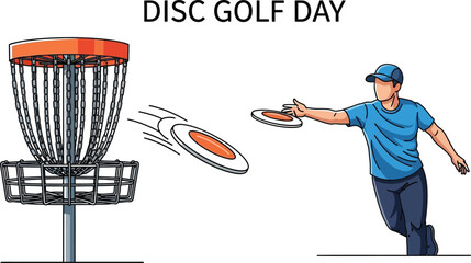 Vector art of a disc golf player throws a frisbee towards the basket on disc golf day, isolated on white background, showcasing the sport and outdoor activity