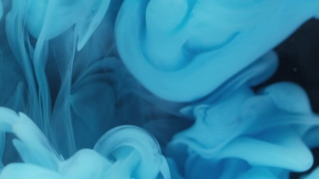 Smoke blow. Paint burst. Blue puff spray shot spread on black background. Abstract water color blob explosion blur layer veil fantasy mist.