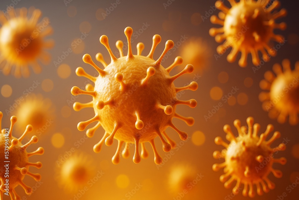 Poster close-up of abstract orange virus particles floating in glowing light on a soft bokeh background, sy