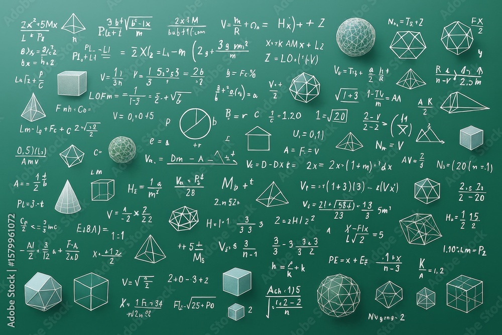 Poster mathematical formulas and 3d geometric shapes on green chalkboard background symbolizing science, ed