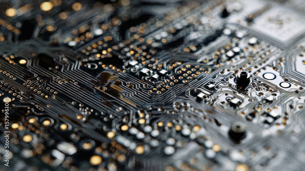 Poster close-up view of a circuit board's intricate pathways.