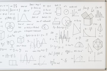 Mathematical formulas, graphs, and geometric shapes drawn on whiteboard in classroom setting with scientific and educational concept background.