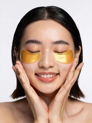 Woman Using Golden Eye Mask for Skin Care