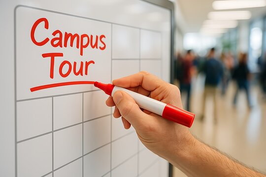 Hand writing 'Campus Tour' on a whiteboard with red marker for college orientation event