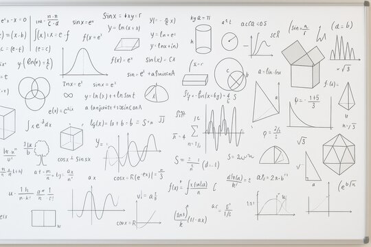 Mathematical formulas, graphs, and geometric shapes drawn on whiteboard in classroom setting with scientific and educational concept background. - Powered by Adobe