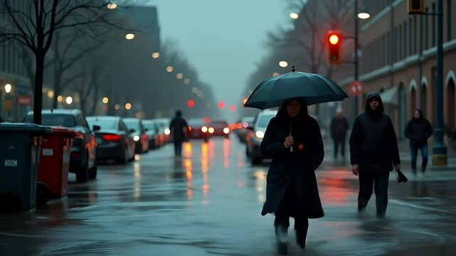 A flooded city street with cars half-submerged in dirty water, people wading through, and traffic signals barely visible above the waterline

