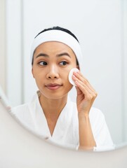 Woman Using Cotton Pad for Skincare Routine