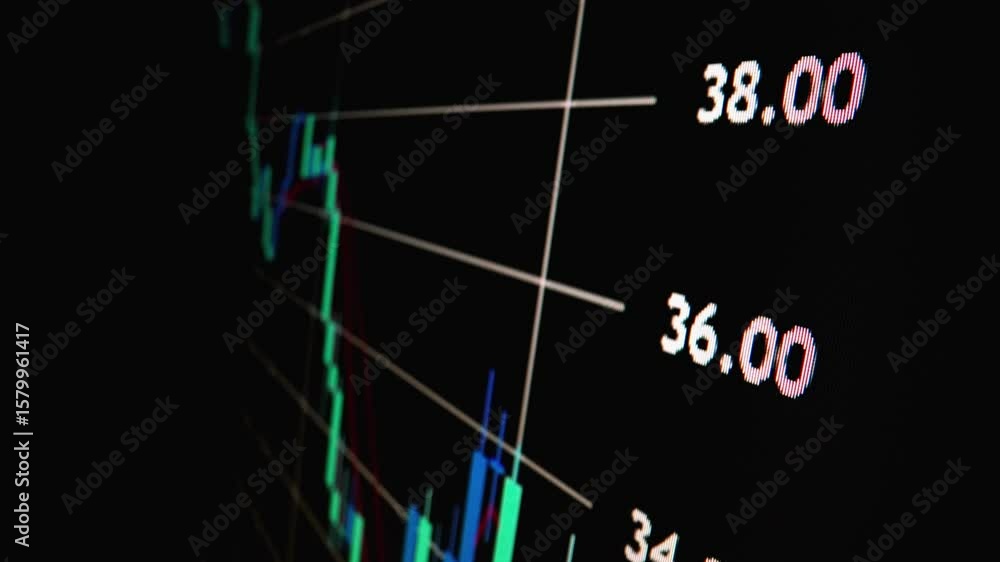 Poster closeup macro shot movement of stock graph displayed on led screen showing growth chart as economic 