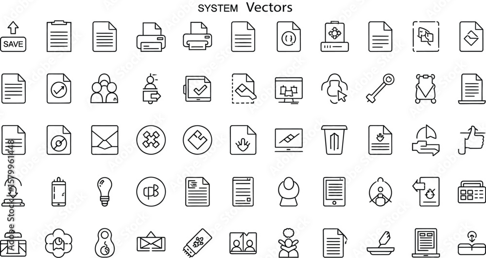 Poster vector art of a collection of system vector icons representing various files, documents, and compute