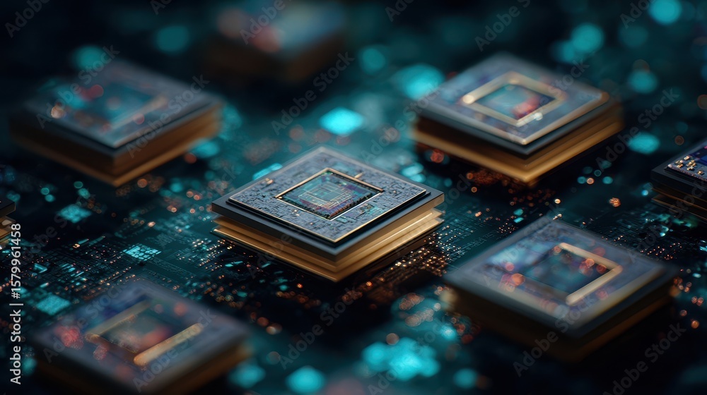 Poster close-up view of intricate computer chips on a circuit board.