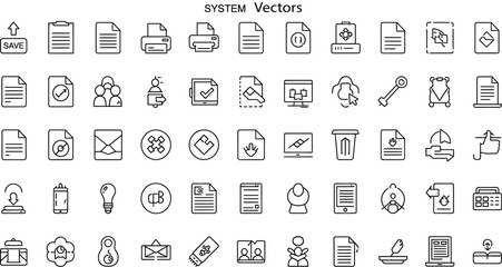 Vector art of a collection of system vector icons representing various files, documents, and computerrelated symbols isolated on white background