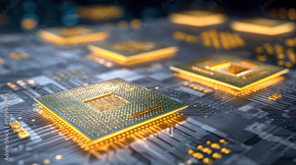 Poster close-up view of computer chips on a circuit board.