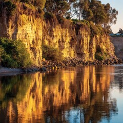 Golden cliffs reflect on calm water