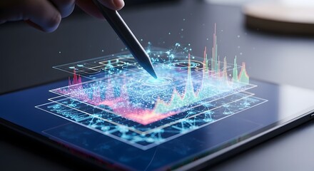 A digital pen touches a tablet displaying advanced data visualizations and charts for business analytics and insights.