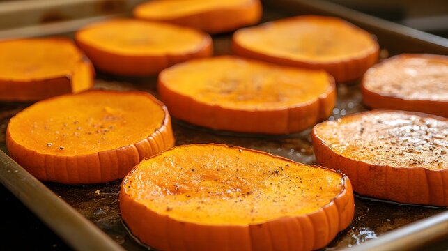 Roasted pumpkin slices on a baking sheet.